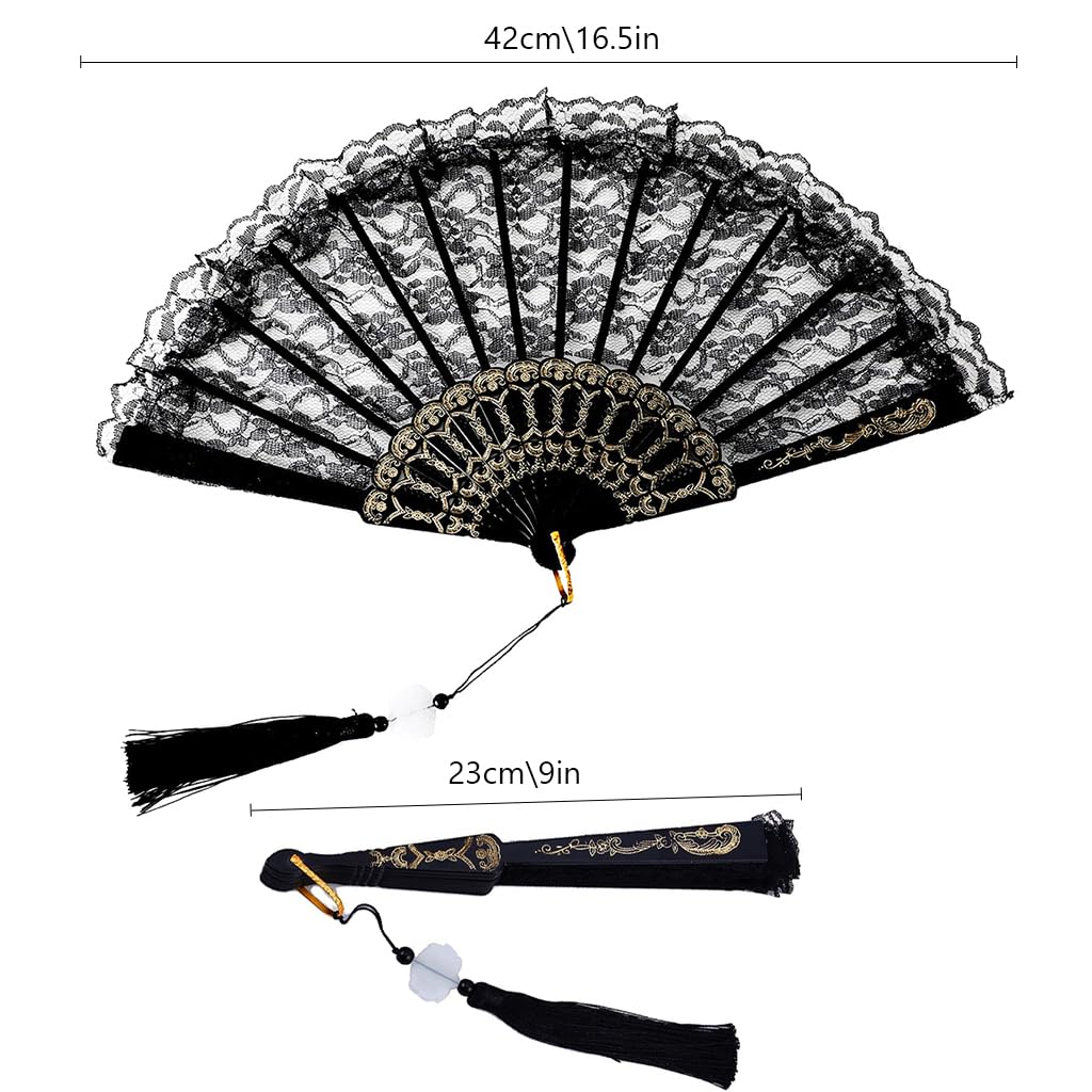 HASTHIP Hand Fan Chinese Fan Hand Fan Black Lace Tassel Fan Chinese Fan Vintage Folding Hand Fan Gift for Ladies