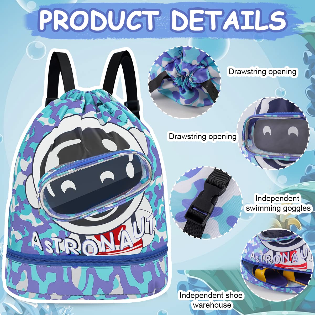 PALAY Swimming Bag for Kids Cartoon Print Shoulder Bag for Kids Large Capacity Backpack for Boys Girls Wet Dry Separation Beach Bag Storage Bag for Clothes, Swimming Goggles