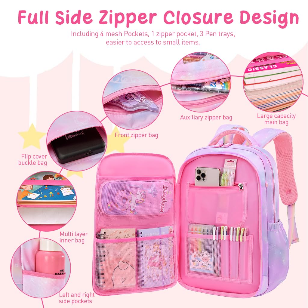 PALAY School Backpacks for Girls Stylish School Bags for Girls Kids 7-12 Years Old Cartoon Water Resistant Backpack Durable Burden Relief School Bag Children's Day Birthday Gift for Girls - Pink