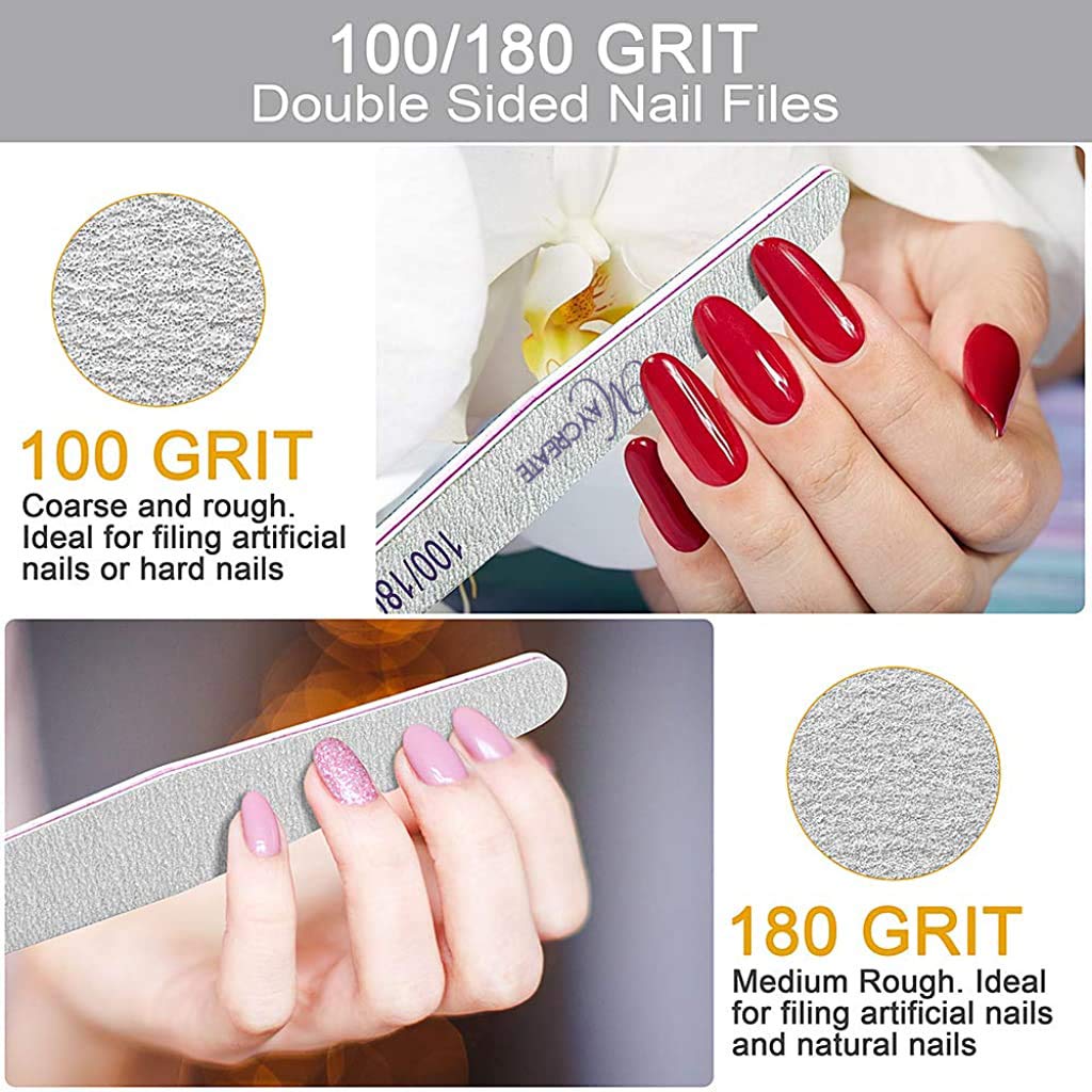 MAYCREATE 10PCS Nail Files, Professional Nail File Set, Curved Fingernail files, 100/180 grit Double-Sided Emery Board Manicure Tools for Home and Salon Use (Pink)
