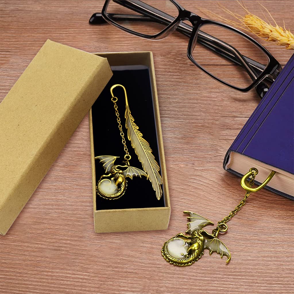 HASTHIP Metal Feather Bookmark Glow in The Dark, Vintage 3D Golden Dragon Bookmark for Reading Enthusiasts and Gifting, Bookmark Gift for Teachers Women Student, Mothers Day, Christmas Gifts