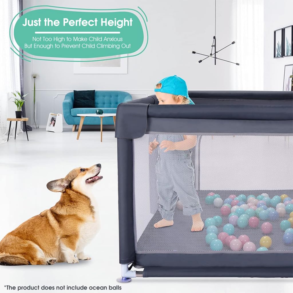 SNOWIE SOFT Baby Ball Pit (No Balls) Assemble Baby Play Area DIY Toddlers Amusement Play Zone with Zipping Door, Robust Metal Frame, Soft Foam Wrap, Corner Protectors, 51'' x 51''