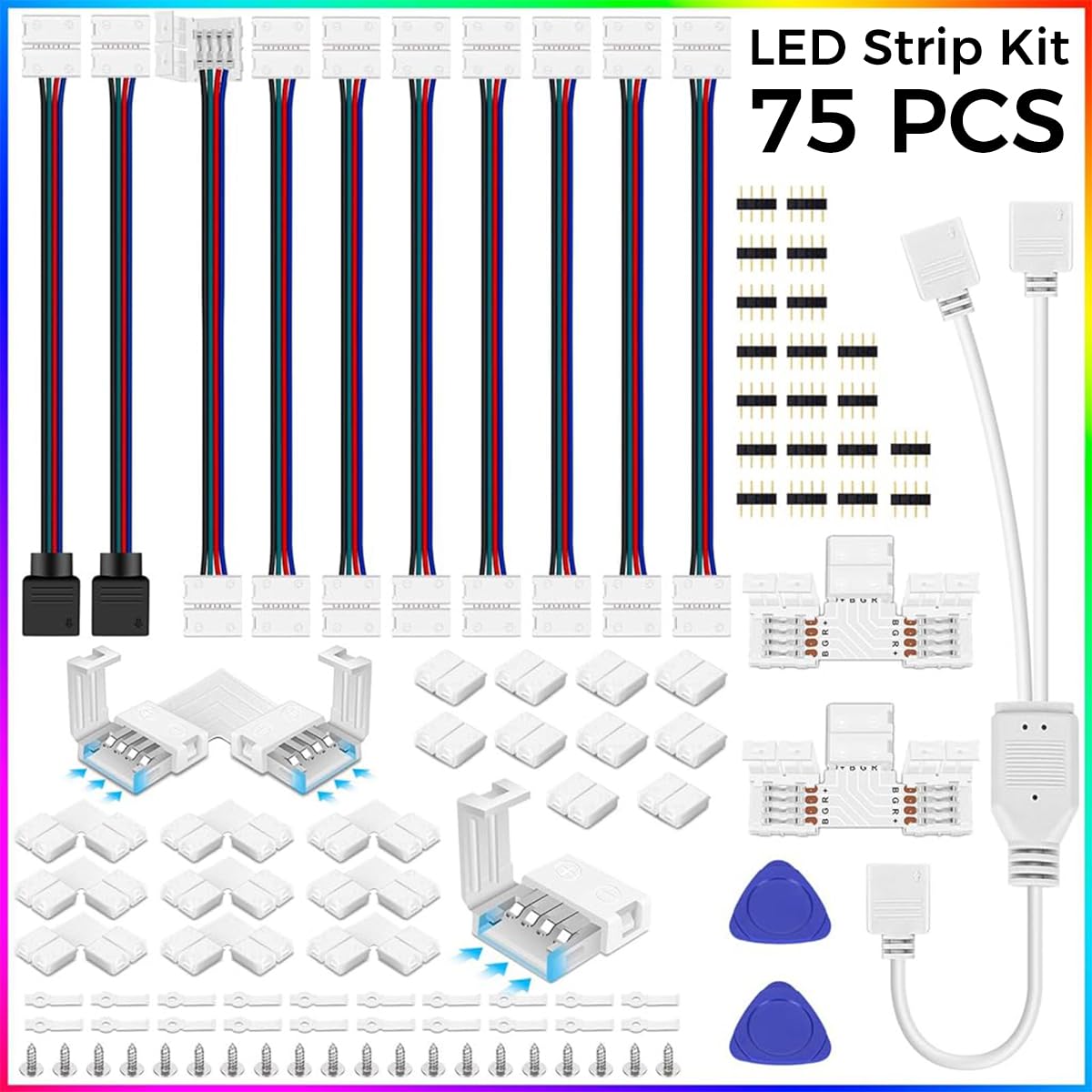 HASTHIP LED Strip Light Connectors Kit RGB LED Strip Connector Kit LED Modification Connector Kit for 10mm 4 Pin 5050 RGB LED Lights, Solderless Adapter 2 Way Splitter Strip Jumper