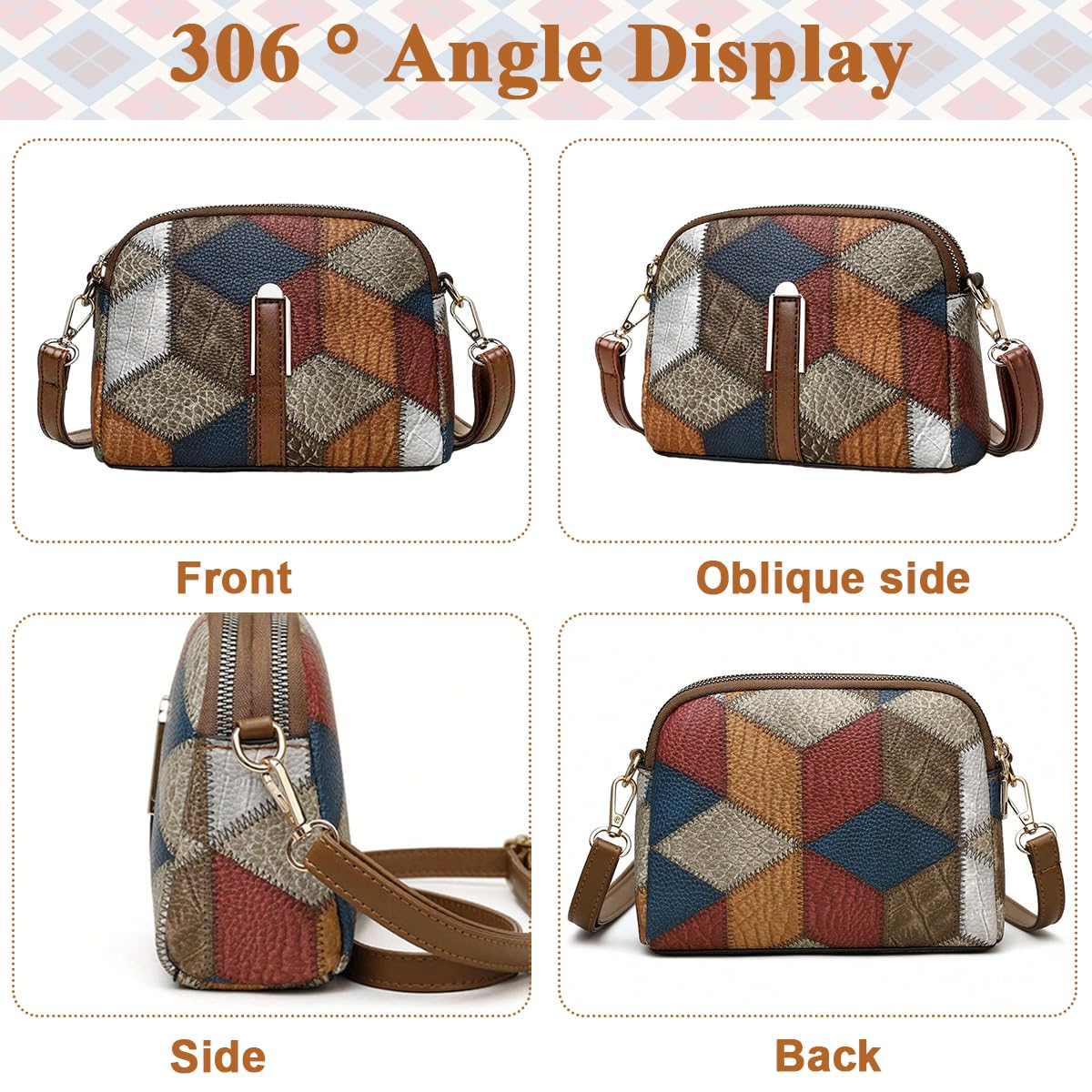 PALAY Mini Colorblock Crossbody Bag, Retro Rhombus Pattern Purse, Fashion Shoulder Bag