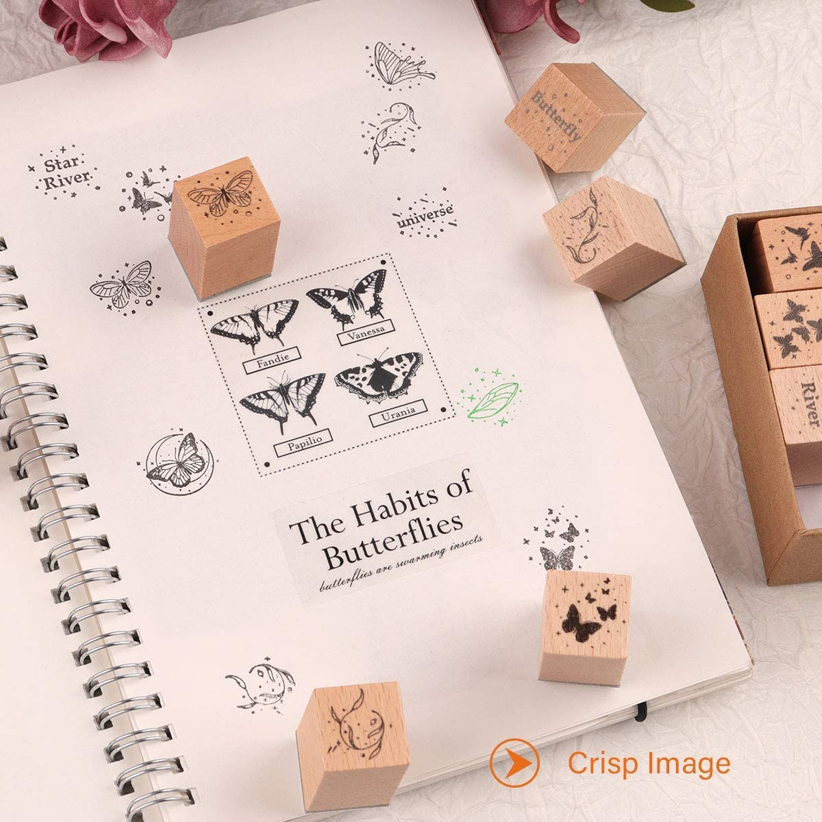 HASTHIP 16Pcs Vintage Wooden Rubber Stamps, Butterfly & Wings Decorative Stamp for Arts and Crafts, Journals, Card Making, Scrapbooking, Invitations