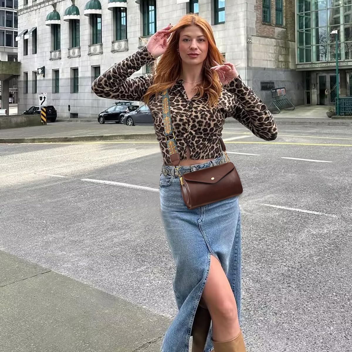 PALAY Shoulder Bag for Women Crossbody Bag Vintage Brown PU Shoulder Bag Evening Bag Print Wide Shoulder Belt Design Snap-on Closure Multi Compartment Casual Shoulder Bag, 19x13x12cm