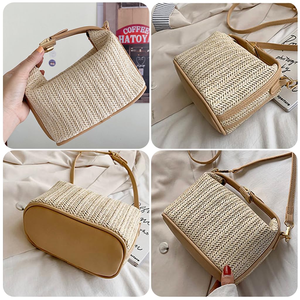ZIBUYU Straw Bags for Women Beach Stylish Sling Shoulder Bag for Girls and Women Detachable Shoulder Belt Woven Straw Crossbody Bag Golden Hardware Buckle Design Handbag Bag - Beige