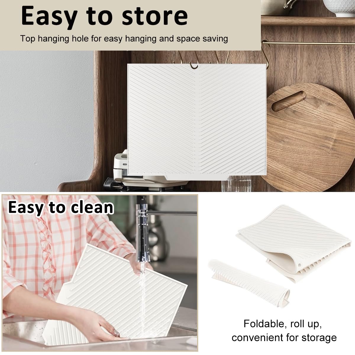 HASTHIP Kitchen Silicone Dish Drying Mat with Built-in Drain Lip, Heat-Resistant Silicone Mat for Kitchen Counter or Sink, Foldable Dish Drainer Mat Easy Clean Prevents Water - 19.9x16.7 inches