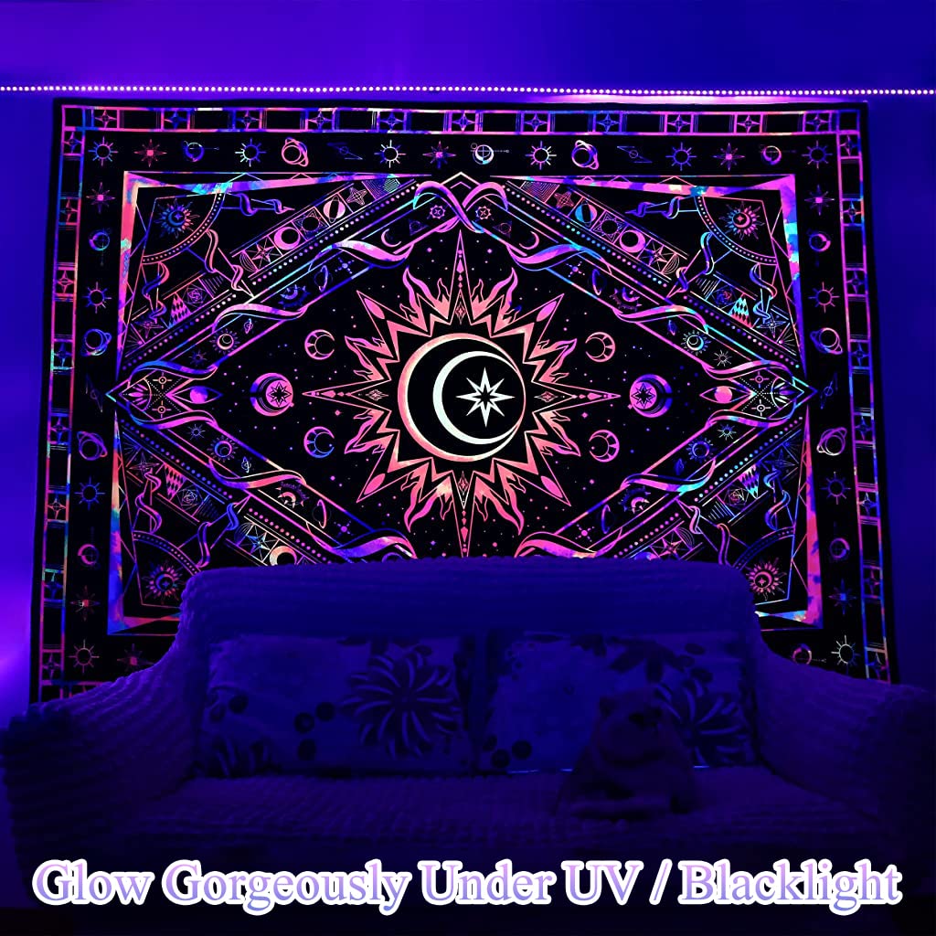 HASTHIP Blacklight Tapestry UV Reactive Tapestry Glow in The Dark, Sun and Moon Tapestry, Aesthetic Tapestry Wall Hanging Tapestry Fluorescence Tapestry Night Glow Tapestries (51.2 in x 59.1 in)