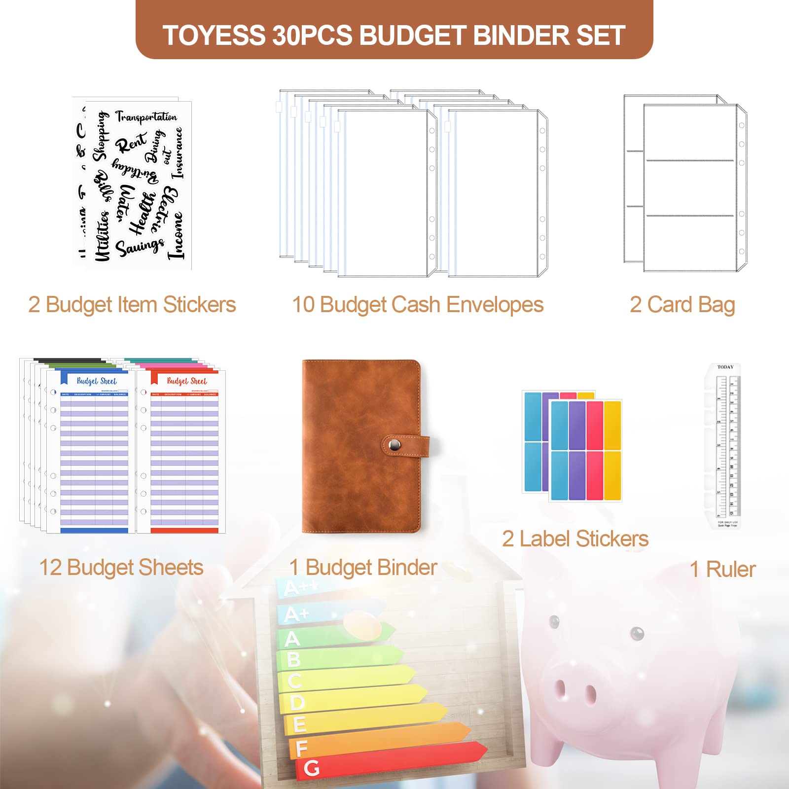 HASTHIP File Folders for Documents Ring Binder Notebook Set, A6 PU Leather File Folder with 12 Envelopes, 12 Budget Sheets, 2 Label Stickers, 1 Ruler, Executive File Clip Stationery Supplies