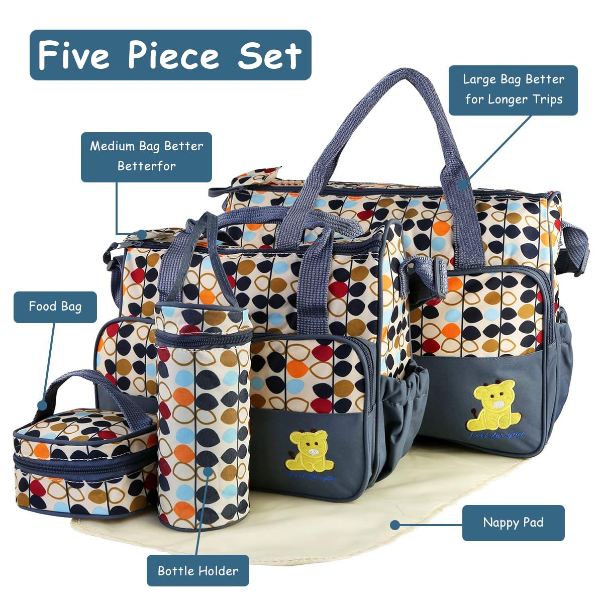 SNOWIE SOFT 5Pcs Motherly Diaper Bag Set Multi-purpose Baby Diaper Bags for Mom for Travel Diaper Bags for Mothers Carry Baby Bags with Water Bottle Bag, Bento Bag, Diaper Change Pad Baby Shower Gift