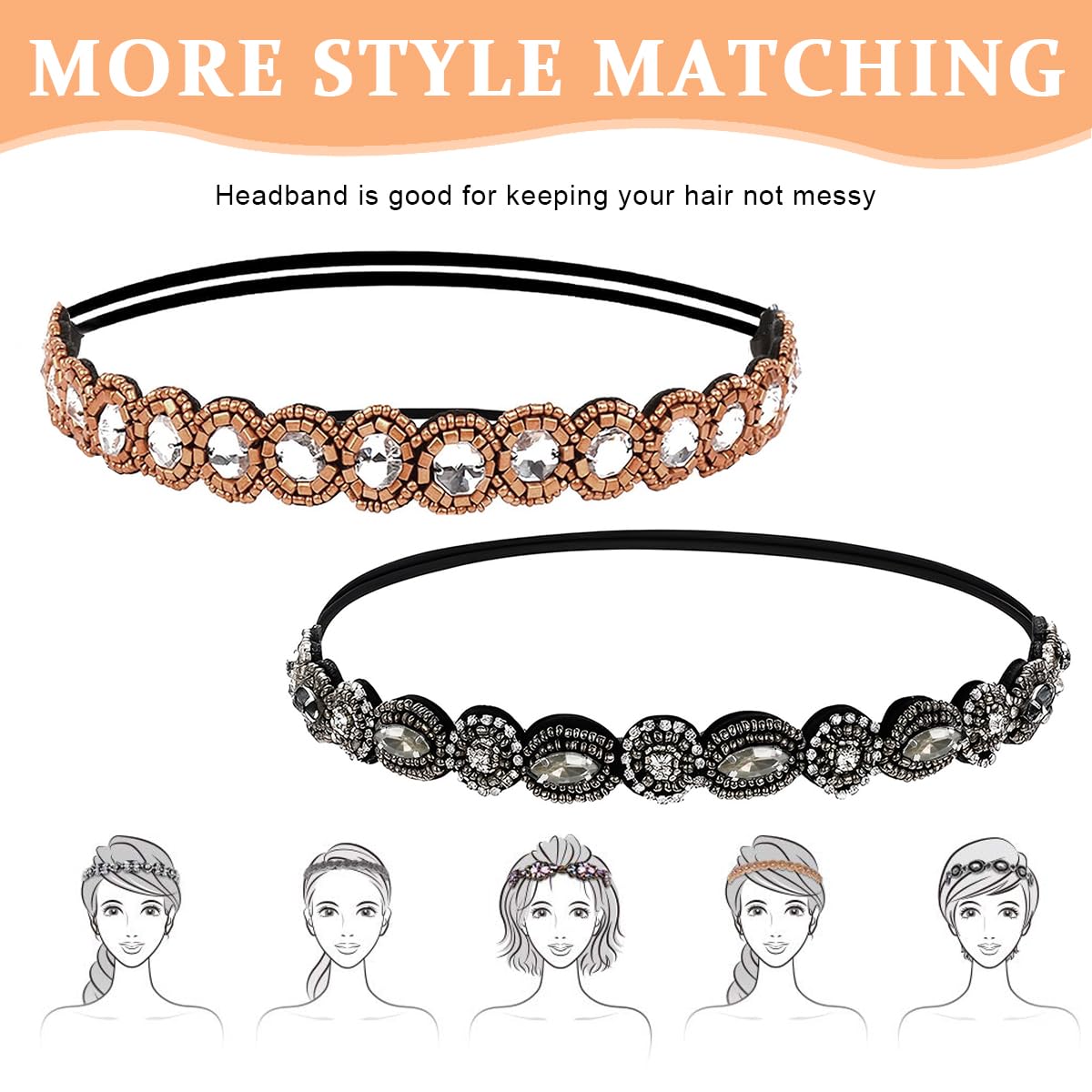 PALAY 2pcs Beaded Headband for Women, Crystal Rhinestone Elastic Hair Bands Fashion Handmade Headband for Girls Ladies Gift