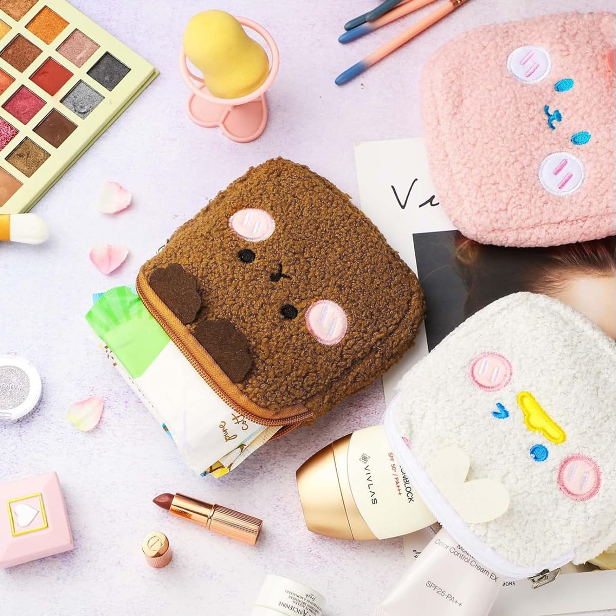 MAYCREATE 3Pcs Makeup Pouch Sanitary Pads Pouches Plush Storage Pouches Cute Cartoon Coin Pouch Small Lipstick Zipper Pouches for Girls Portable Zipper Pouch for Tampons, Sanitary Pads, Tissues