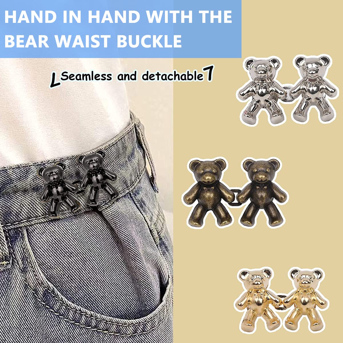 SANNIDHI 8 Pairs Detachable Jeans Button Cute Bear Button Pins for Jeans, No Sew Instant Adjustable Waist Buckle Loose Jeans Waist Adjuster Tightener for Skirt Pants