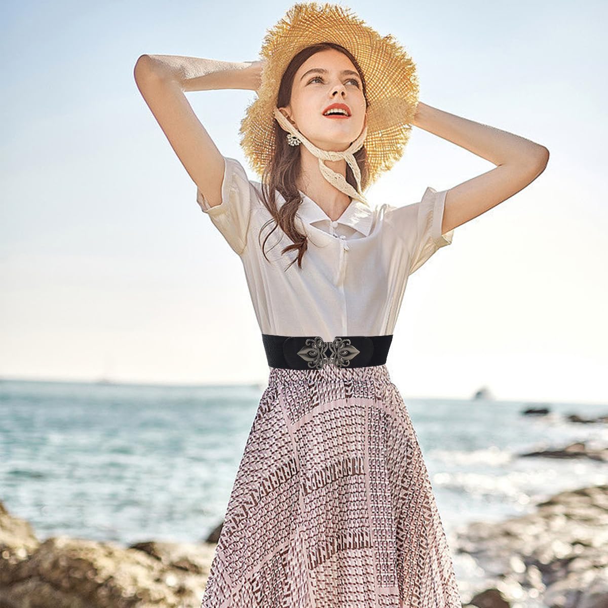 PALAY 2Pcs Belt for Women, Vintage Wide Stretch Waist Belt for Women Dresses, Elastic Slim Belt Cinch Belt with Interlocking Buckle - Black & Brown