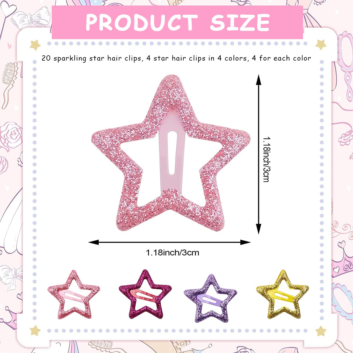 PALAY Snap Hair Clips for Girls Kids, 20Pcs Shining Stars Metal Hair Barrettes Non-slip Colorful Cute Hair Accessories for Toddlers Teen Girls