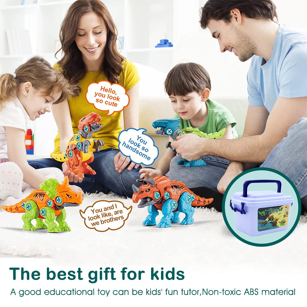 PATPAT Dinosaur Toys for Kids, STEM Construction Building Toys for Kids, 4 PCS Dinosaur Toy with Electric Screwdriver & Storage Box, Assembling Building Blocks Birthday Gifts for 3 - 8 Year Old Kids