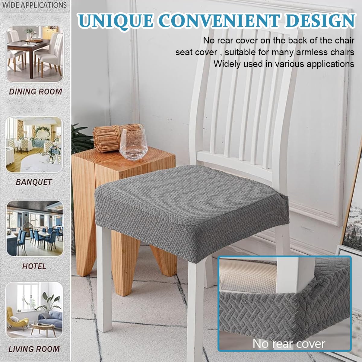 HASTHIP 4Pcs Dining Chair Cushioned Seat Chair Cover Elegant Jacquard Grey Cover Stretchy Dacron Seat Cover for Cushioned Seat Chair, Cushioned Dinning Chair