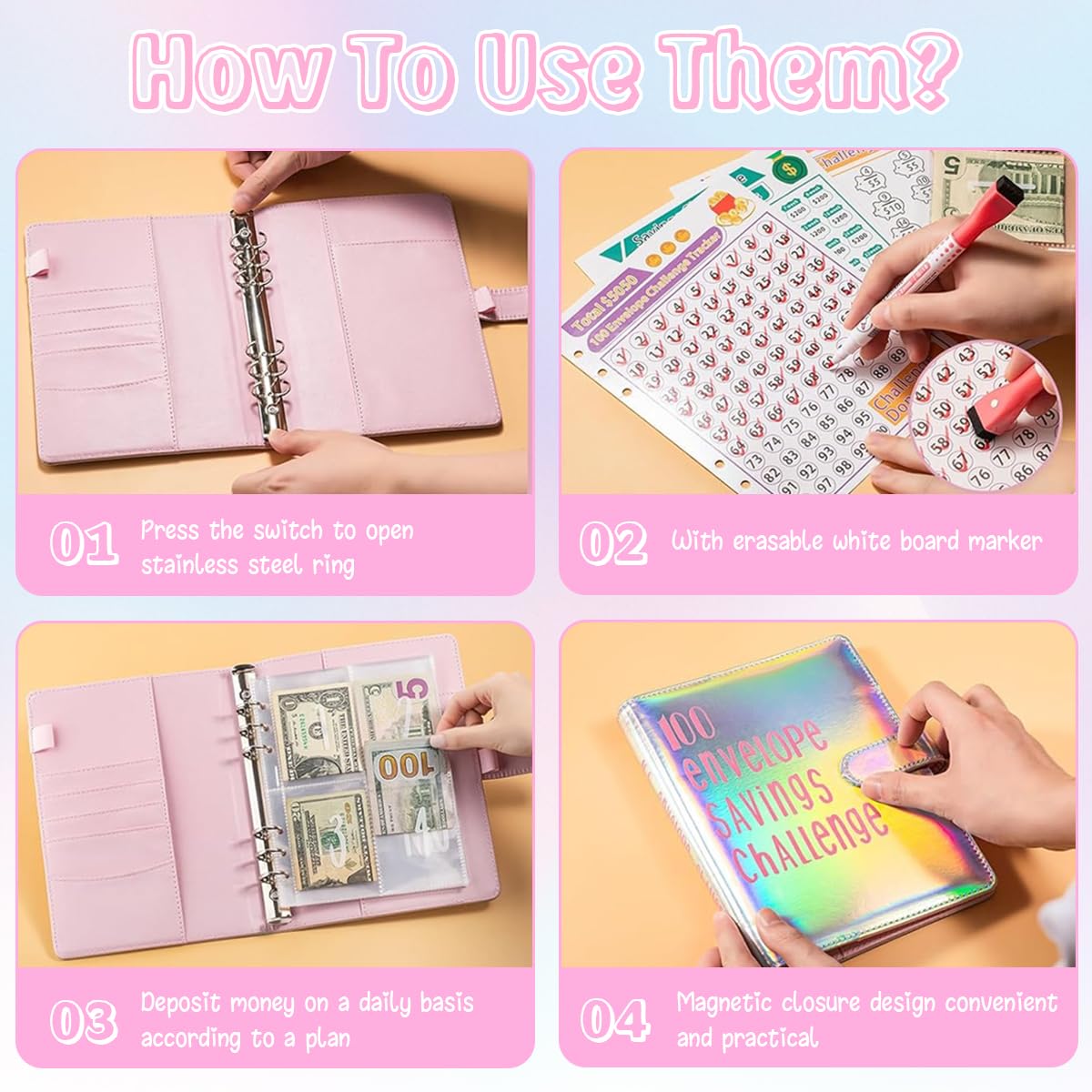 HASTHIP 100 Envelopes Money Saving Challenge Binder Budgeting Planner $5050 Reusable Portable Organizer Money Saving Challenge Book