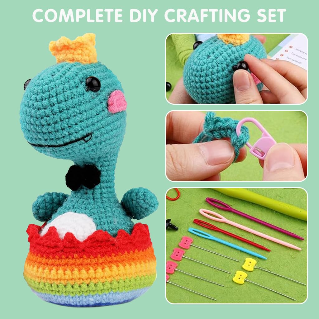 HASTHIP Crochet Stuffed Animal Kit Crochet Kit for Beginners Knitting Kit Full Set Crochet Starter Kit with Yarn, Polyester Fiber, Crochet Hooks, Tutorial Video, DIY Gift Friends (Rainbow Dinosaur)