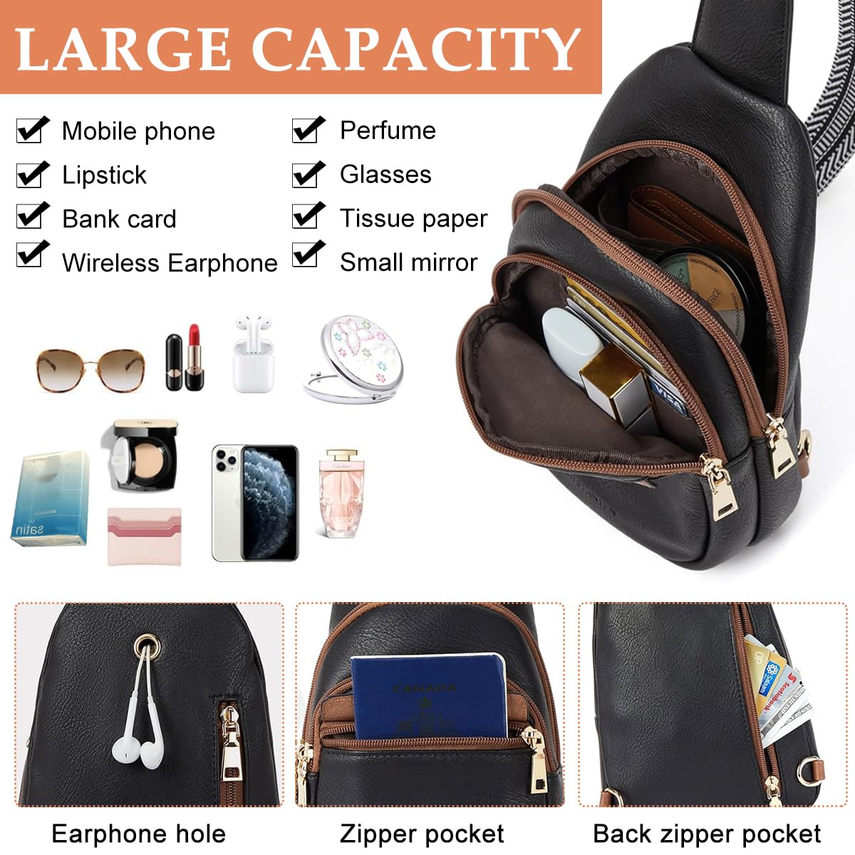 PALAY Chest Bag Unisex Crossbody Bag Men Women Shoulder Bag PU Bag with Woven Print Quick Release Adjustable Strap, Stylish Chest Bag for Commuting, Travel, Outdoor Activities, Cycling (Black)