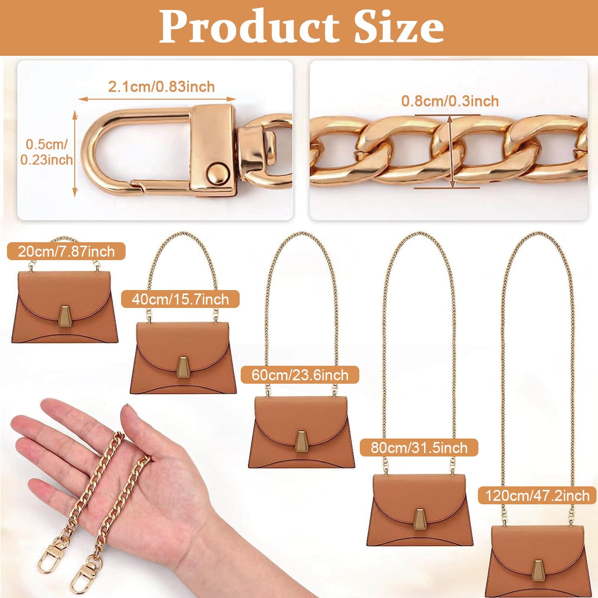 PALAY 5pcs Iron Flat Purse Chain Gold Crossbody Bag Straps Shoulder Belt Wallet Chain Extender Replacement Accessories for Purses Handbags DIY, with Metal Buckles - 5 Sizes