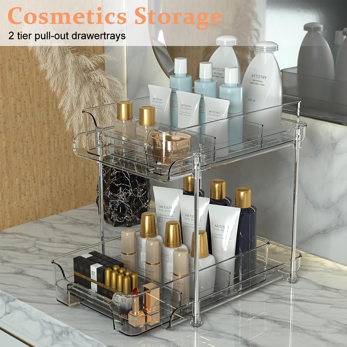 HASTHIP 2 Tier Desk Storage Organizer, Clear PET Organizers Pull Out Sliding Desk Organizers Makeups Organizers Double Layer Desk Organizers for Office, Kitchen, Bathroom, Dressing Table