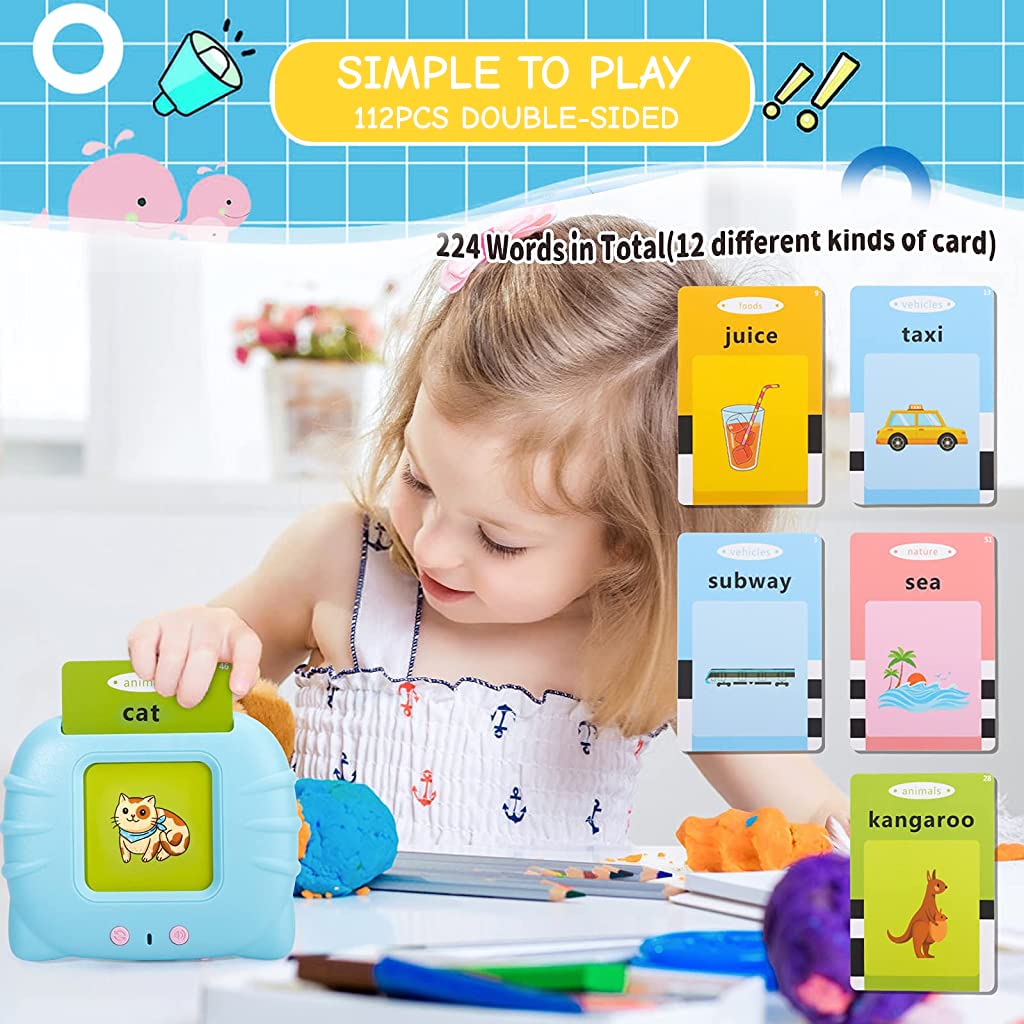 PATPAT Talking Flash Cards Learning Toys, English Words Learning Machine for Kids,Reading Machine with 112 Flash Cards Spelling Game Gifts for Preschool Kids Boys Girls Toddlers Age 2 3 4 5 6 7 8