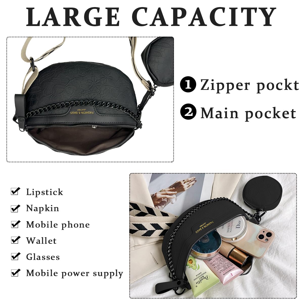 PALAY Women Sling Bag Coin Bag Combo Fashion PU Shoulder Bag for Women Chain Bag Wide Shoulder Strap Crossbody Bag Phone Bag Casual Style Women Bag for Daily, Black
