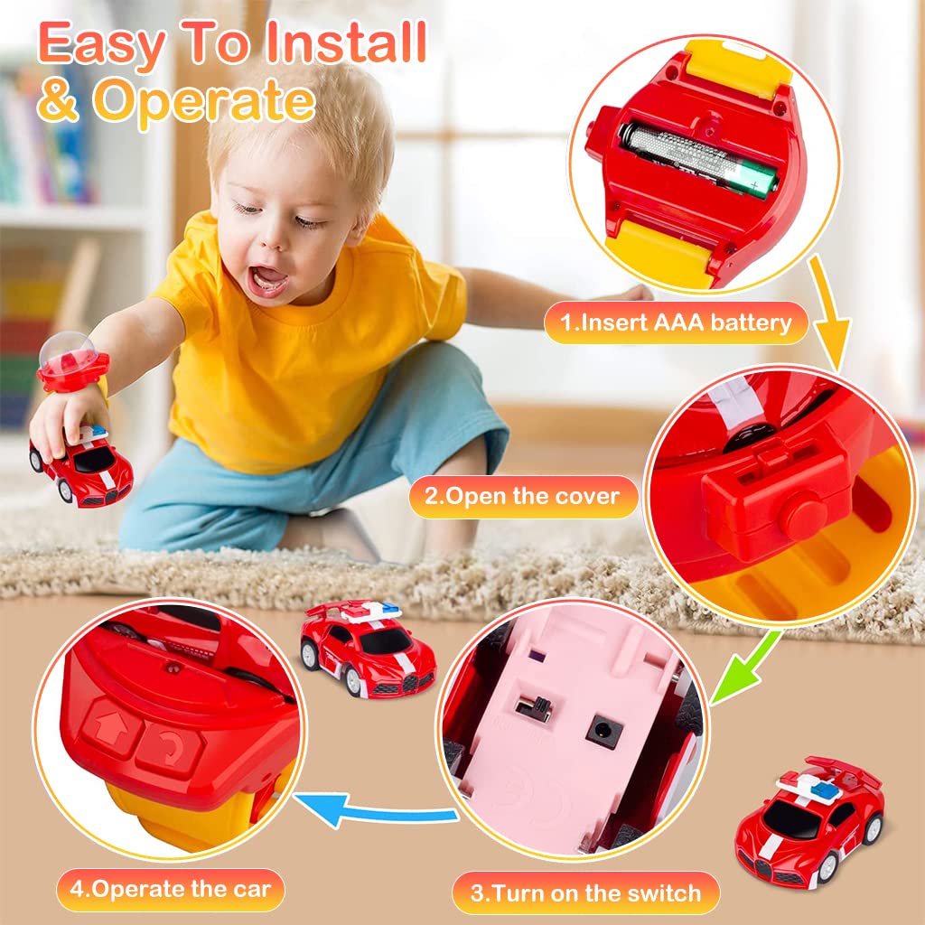 PATPAT Mini Remote Control Watch Car 2.4 GHz Cartoon Watch Car Toy, USB Rechareable Remote Control Toy Car, Wrist Racing Car Watch Cartoon RC Car Birthday Christmas Gift for Kids Boys Girls-Red