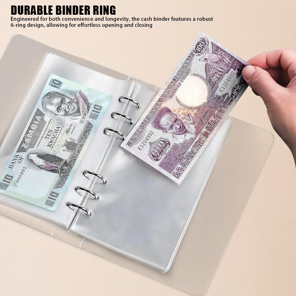 Climberty Currency Collection Album with Dustproof Case - Cash Folder Album Budget Binder Money Saving Cash Folder with 100Pcs Transparent Cash Pocket (7× 4 inch)