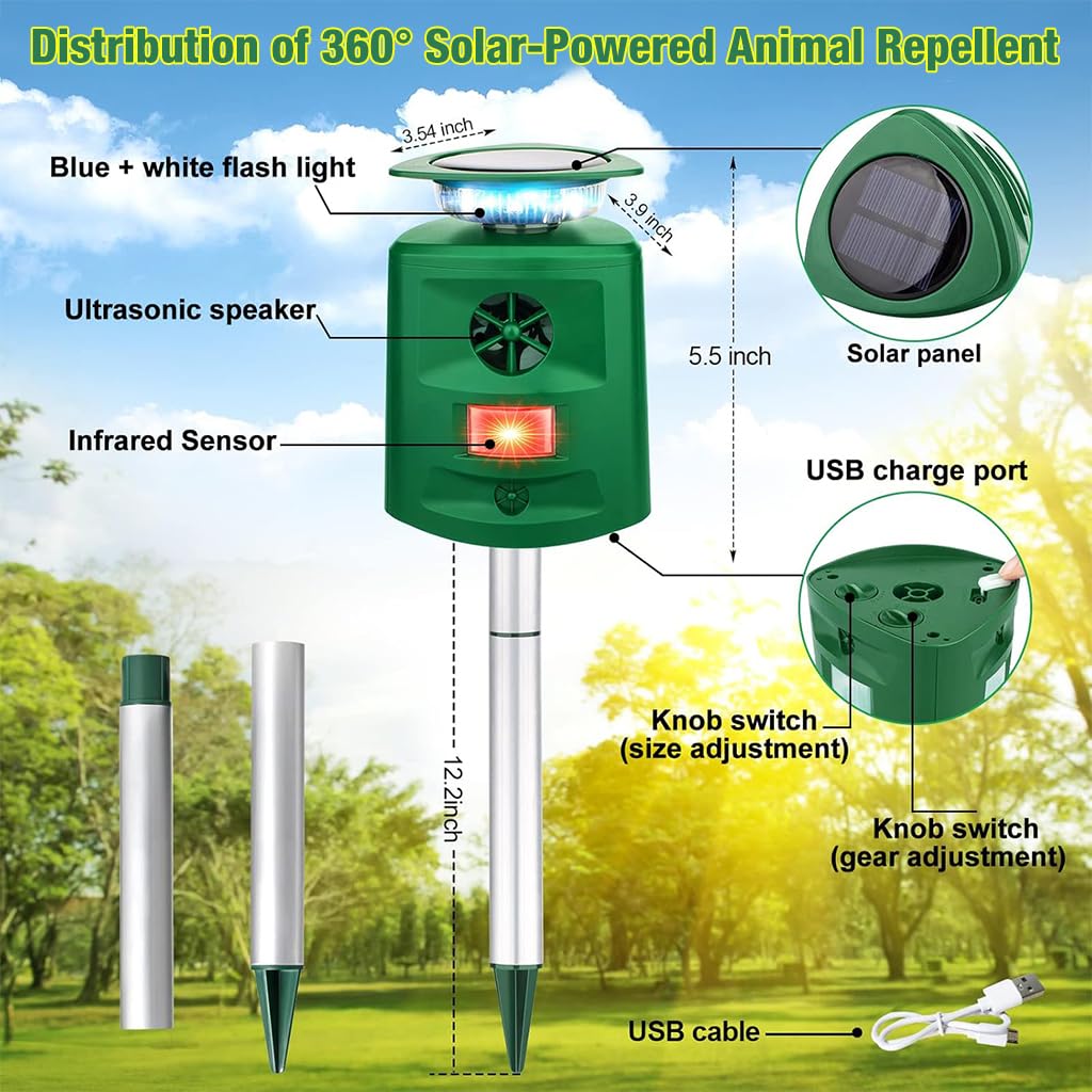 HASTHIP Solar Ultrasonic Animal Repeller with Motion Sensor 5 Modes Solar Animal Repeller with Flash Warn Light Weather Proof Solar Animal Repeller for Rodents, Birds, Small Animals