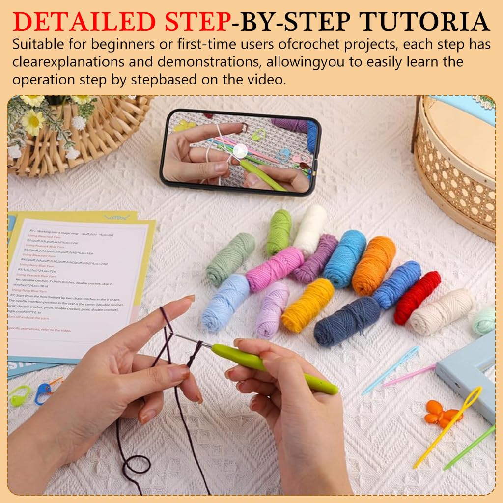 PATPAT DIY Crochet Kit Set of 4Pcs DIY Crocheting Coasters Material Kit Floral Crocheting Coasters Material Kit with Tutorials Starter Friendly Gift for DIY Lover Home Gift