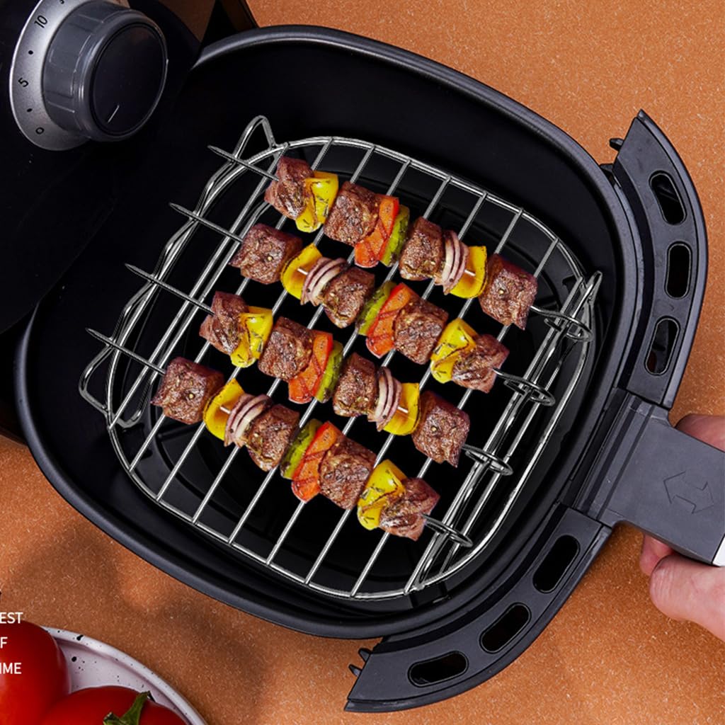 Supvox Air Fryer Grilling Rack Skewers Combo Stainless Steel Grilling Rack with 4pcs Stainless Steel Skewers, Double Layer Grilling Rack with Handle Fits Most 4.2QT Air Fryer