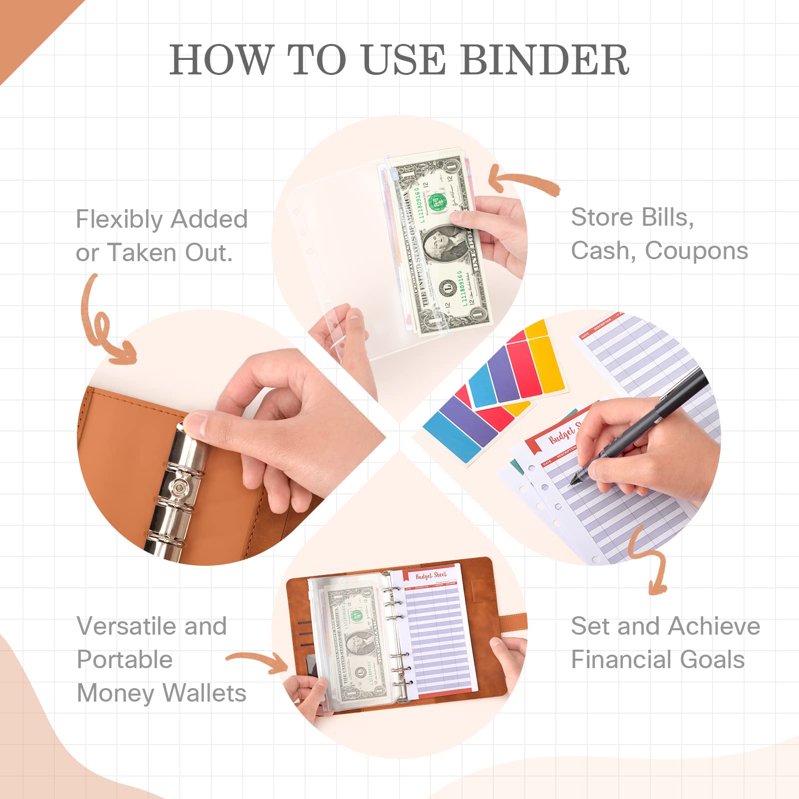 HASTHIP File Folders for Documents Ring Binder Notebook Set, A6 PU Leather File Folder with 12 Envelopes, 12 Budget Sheets, 2 Label Stickers, 1 Ruler, Executive File Clip Stationery Supplies