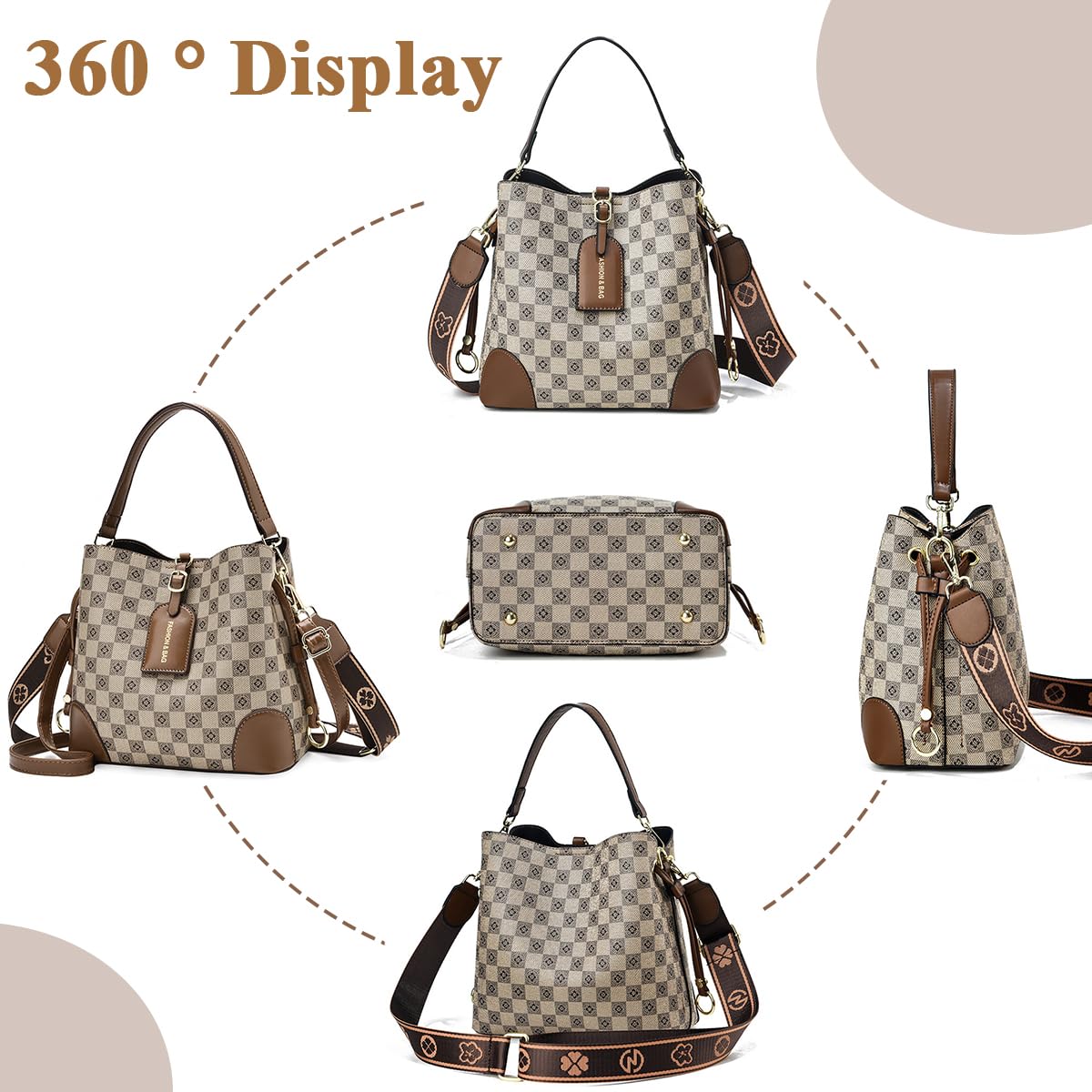 PALAY PU Bucket Bag for Women Fashion Check Pattern Bucket Bag Crossbody Bag with Detachable Shoulder Belt, Fashion Bucket Bag Daily Versatile Bucket Bag for Women