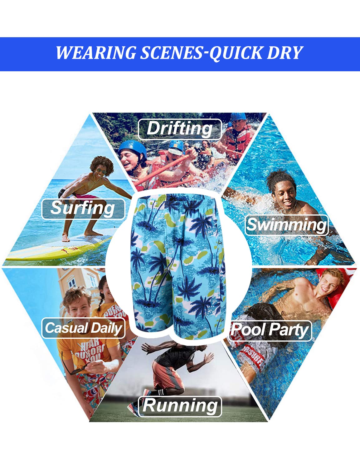 GUSTAVE Swimming Trunk for Men Beach Board Shorts Swimwear, Quick Dry Bathing Suits Holiday Shorts, Coconut Tree Print Men's Swim Trunks - Elastic Drawstring Closure Blue