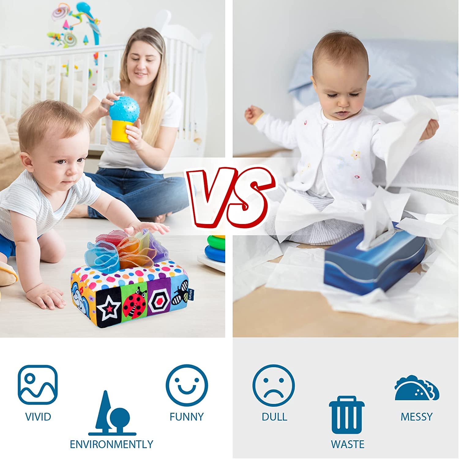 SNOWIE SOFT Baby Tissue Box Toy,Soft Stuffed High Contrast Crinkle Montessori Square Sensory Toys,Soft Toys for Toddler, Infants, Newborns and Kids Educational Preschool Learning - Colorful