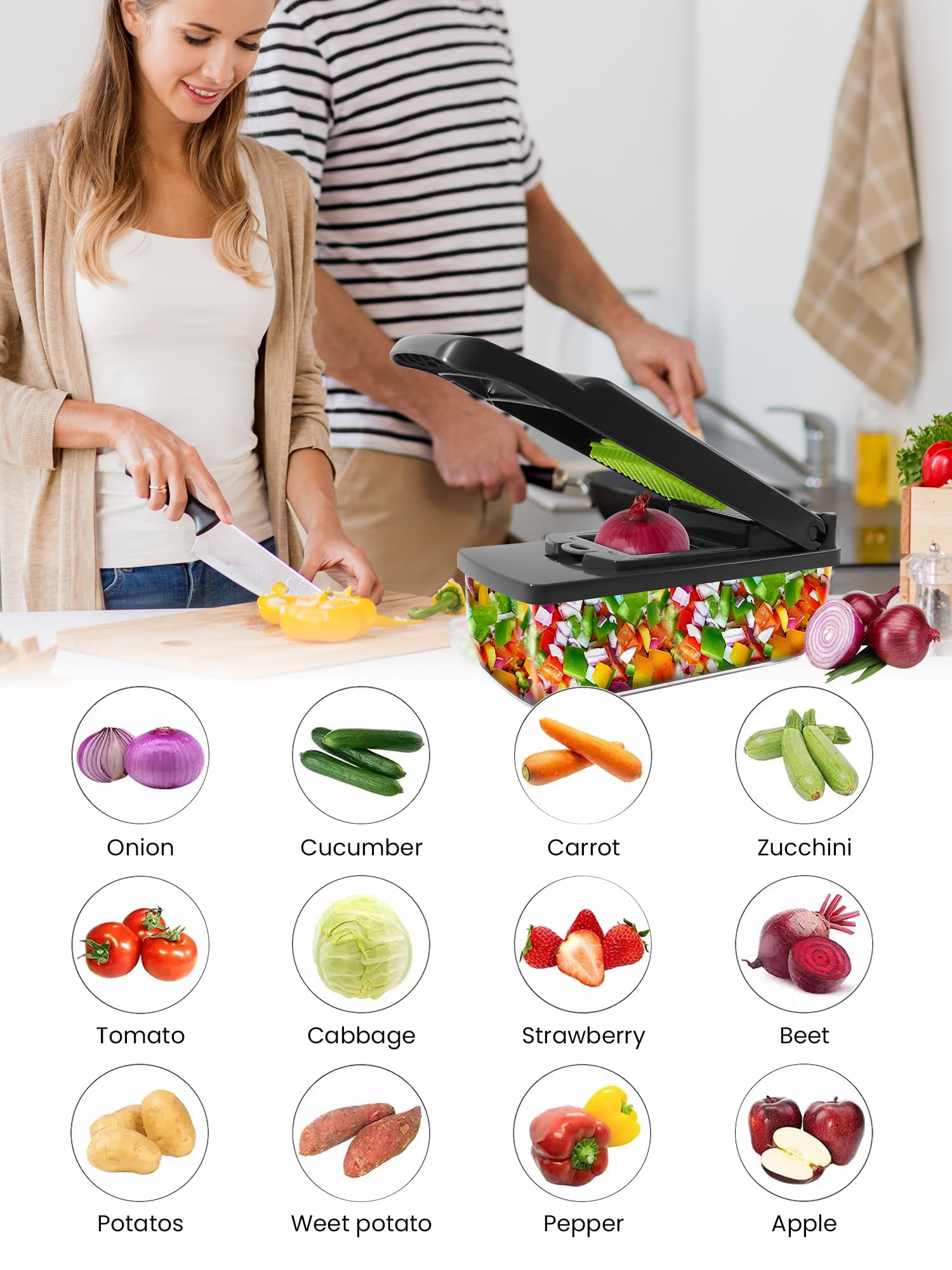 Supvox Vegetable Chopper - Mandoline Slicer Cutter Chopper and Grater, 7 in 1 Vegetable Cutter Interchangeable Blades with Colander Basket and Container, 16Pcs Kitchen Vegetable Slicer