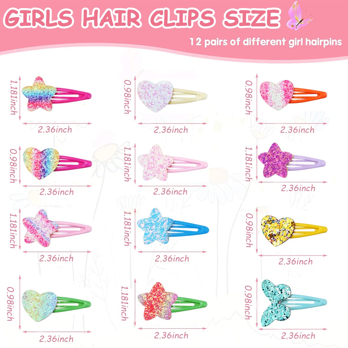 PALAY 24pcs Hair Clips for Girls Kids, Sparkle Glitter Sequins Metal Snap Hair Pins Barrettes Star/Heart/Butterfly Shaped Hair Accessories for Baby Girls Gift Set