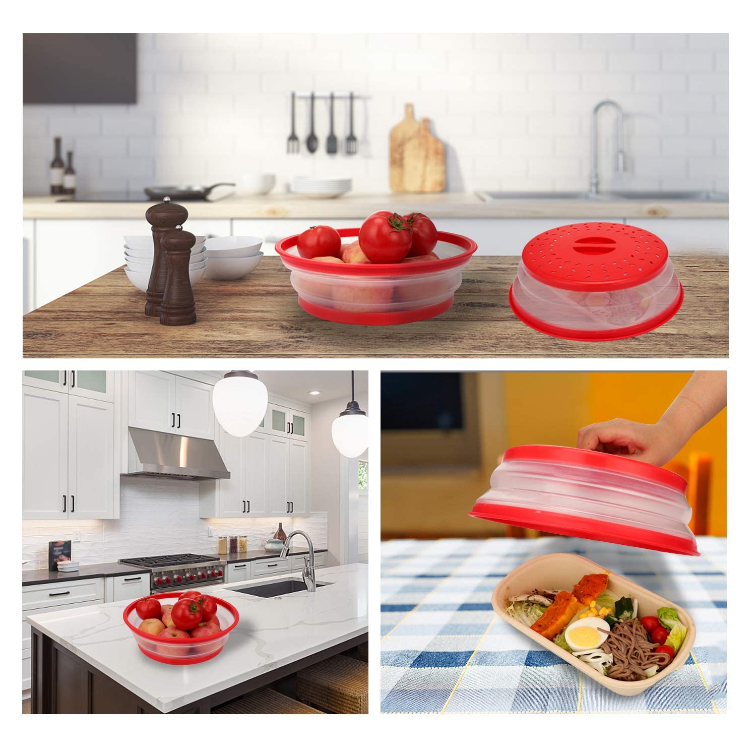 HASTHIP 10.5 inch Microwave Plate Cover, Collapsible Food Plate Lid with Top Steam Vent and Gripper, Strainer for Fruit, Microwave Lid Food Splatter Cover, BPA Free, Microwave Safe Material (Red)