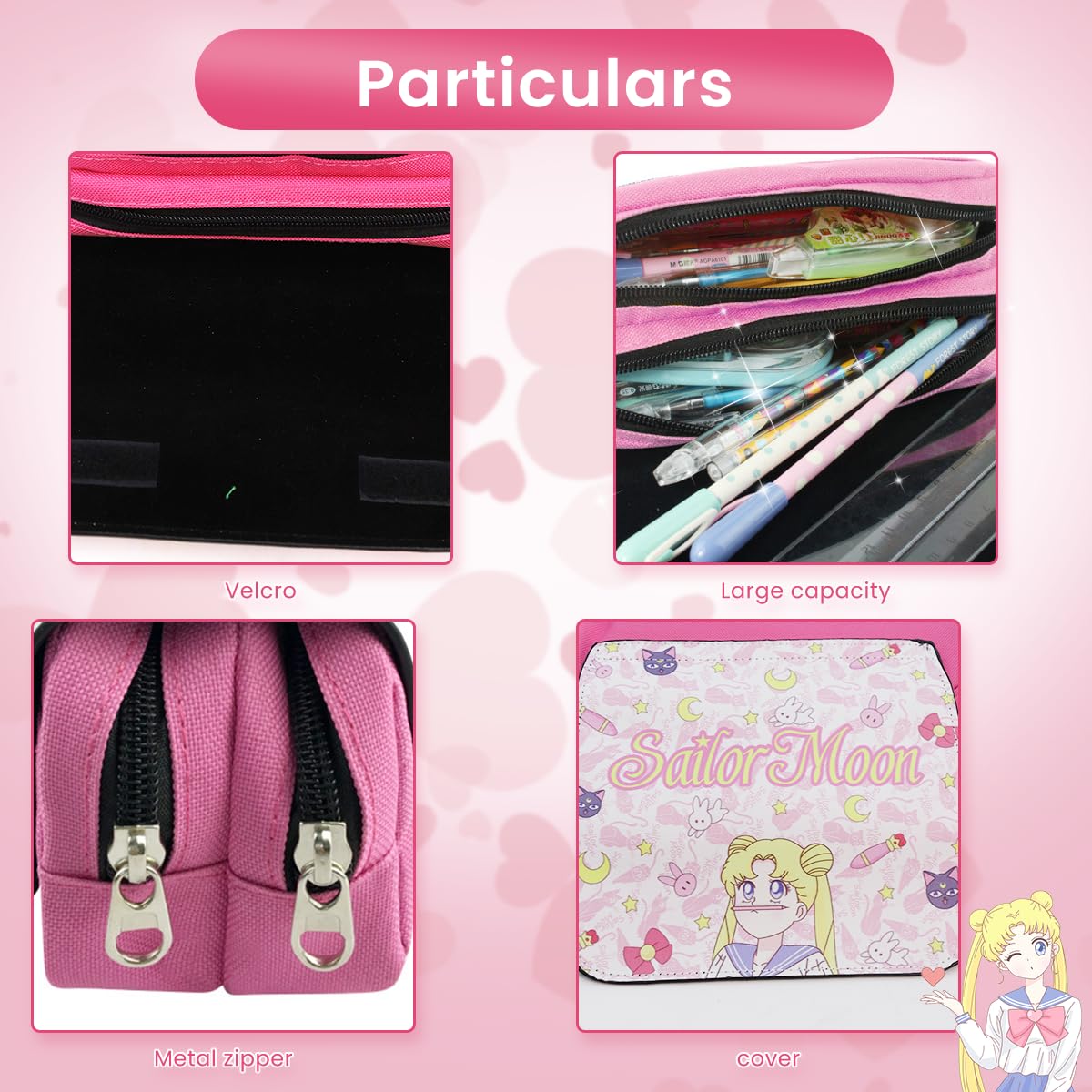 FANCYKU Sailor Moon Pencil Case, Large Capacity Pencil Pouch for Girl, Anime Pencil Pouch, Cartoon Prints Pen Pouch, Cute Back to School Stationery College Pencil Pouch Kids School Accessories