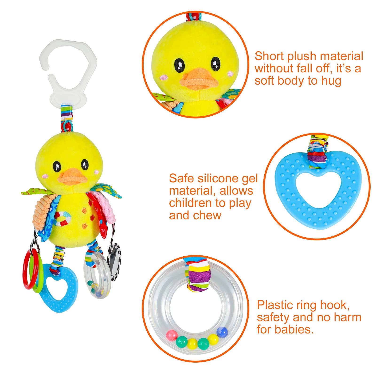 SNOWIE SOFT Baby Car Toys Stroller Plush Toy Yellow Duck Stuffed Hanging Rattle Toys Newborn Crib Bed Around Toy with Teether Rattle Sound for 0-3 Years Old