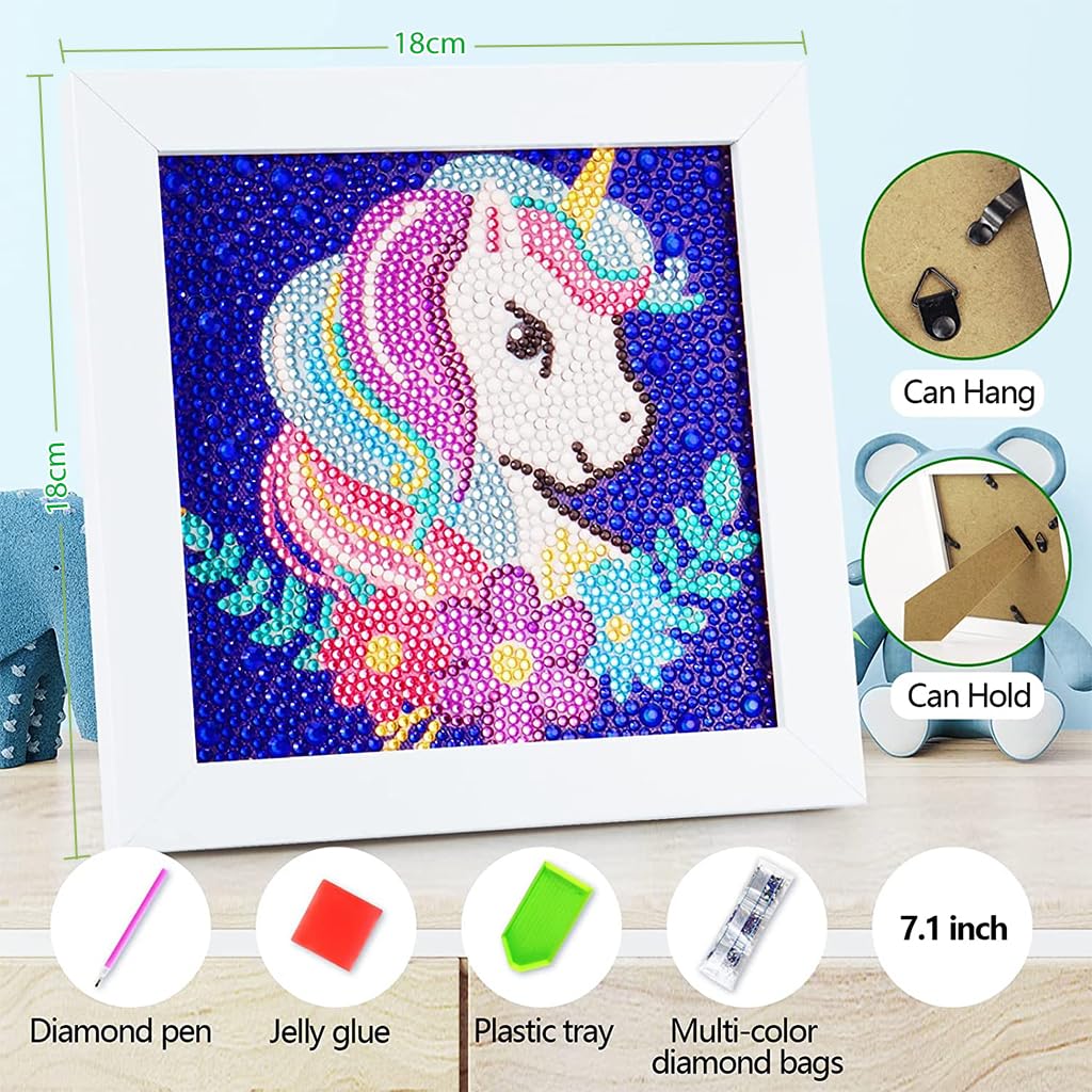 PATPAT DIY 5D Diamond Painting Kit for Kids Rainbow Unicorn Diamond Art Supplies, Arts and Crafts Painting with Frame & Tool, Unicorn Diamond Painting Art Kits for Children Unicorn DIY Desk Decor
