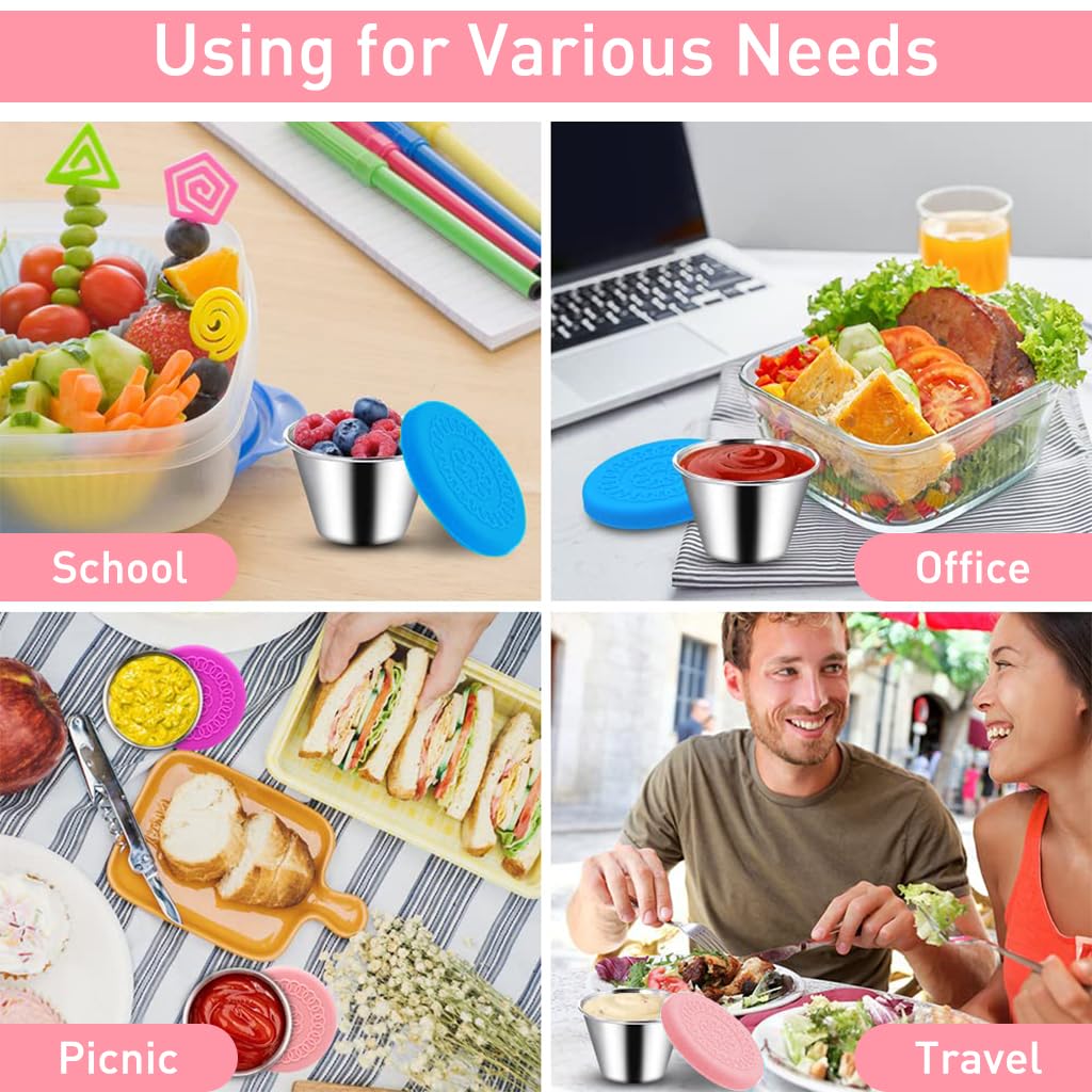HASTHIP 2pcs Ketchup Cups 70ML Stainless Steel Sauce Cups with Silicone Lid Leakproof Salad Dressing Container Ketchup Cups for Lunch Bento Box, Picnic, Travel