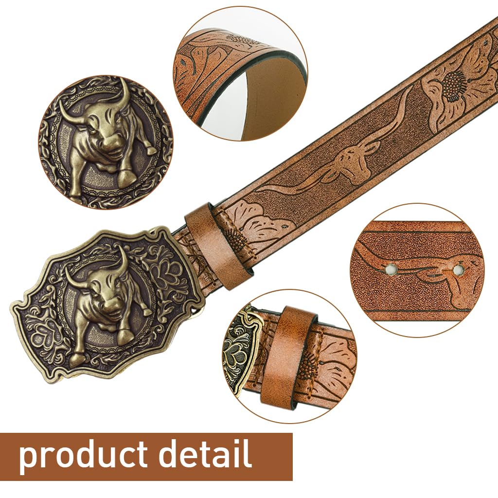 GUSTAVE Men's Belt Vintage PU Leather, Embossed Design with Alloy Bull Buckle, Durable & Stylish, 49 Inches Length, Gift for Men, Brown