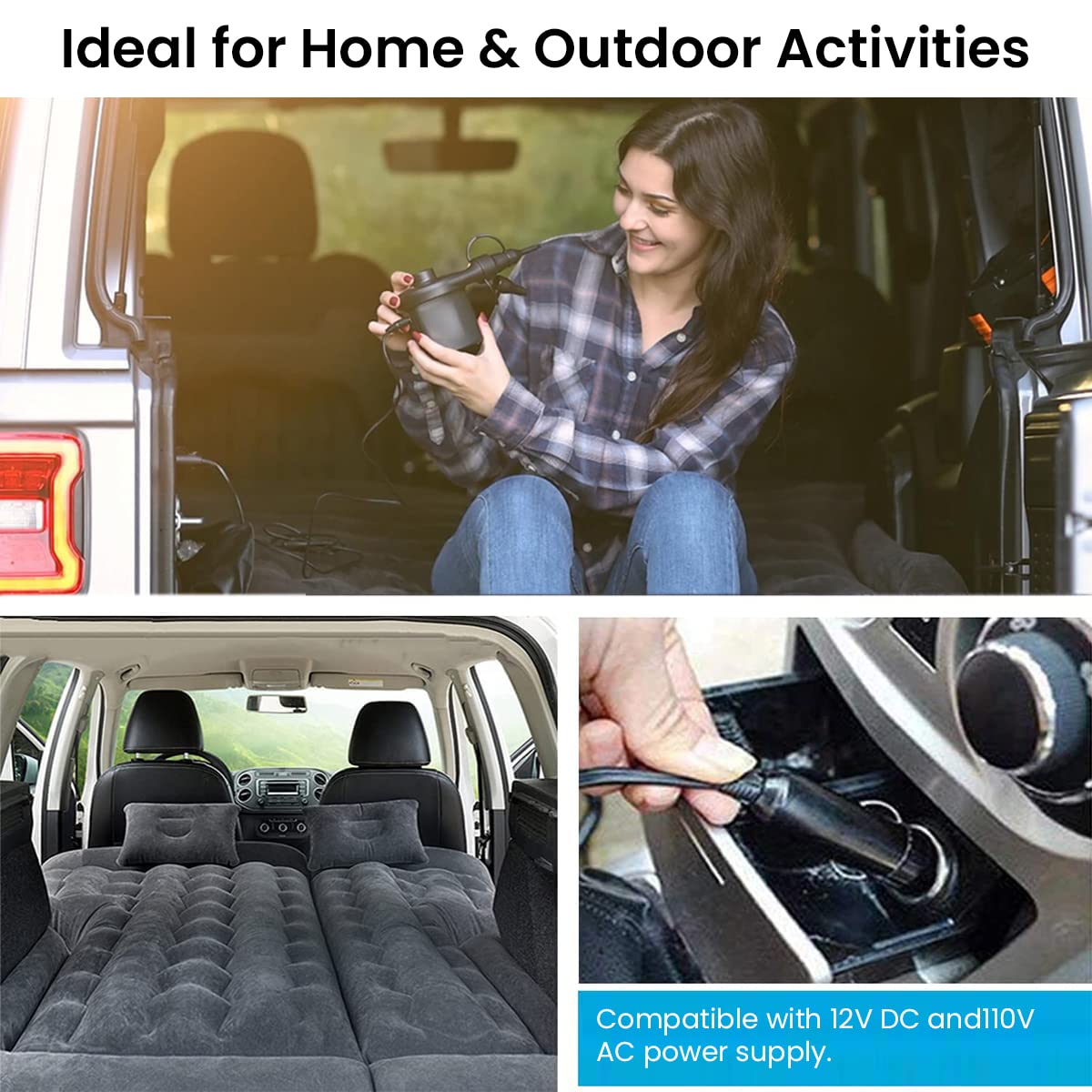 Serplex 2 in 1 Electric Air Pump for Car and Home, Portable Quick-Fill Air Pump with 3 Nozzles, Quick-Fill Inflator/Deflator Pumps for Outdoor Camping, Inflatable Cushions, Air Mattress Beds, Boats