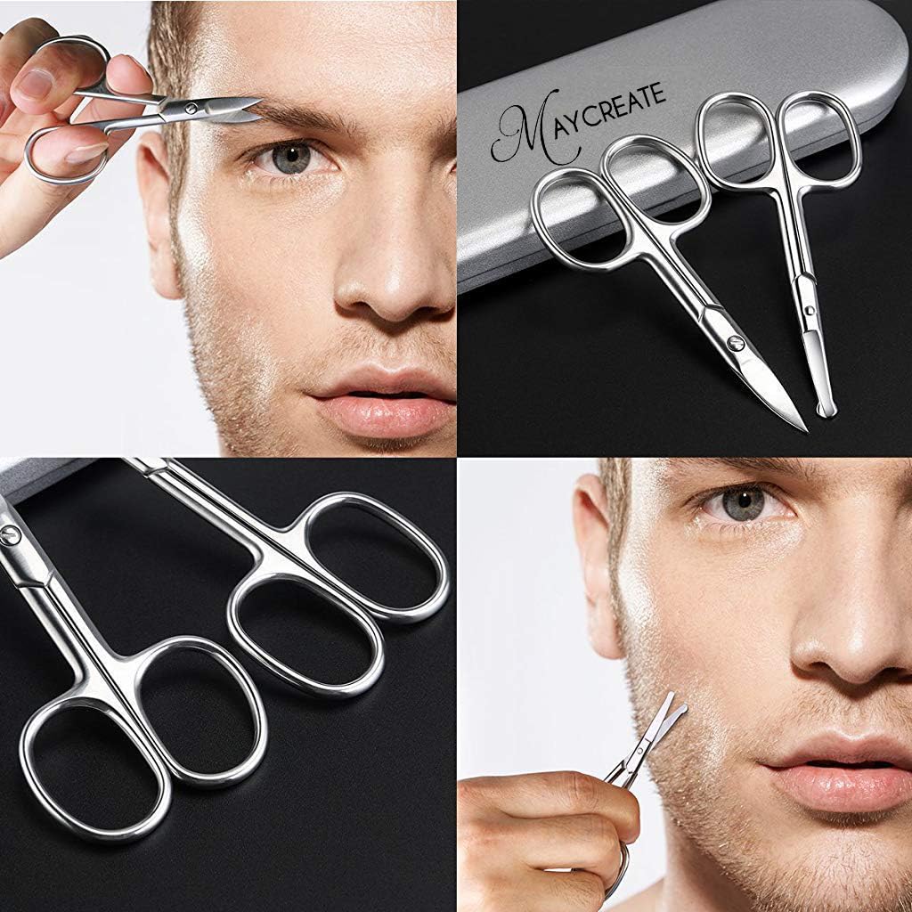 MAYCREATE Nose Scissors Beard Mustache Eyebrow Trimmer Stainless Steel Set with Storage Box (Silver)