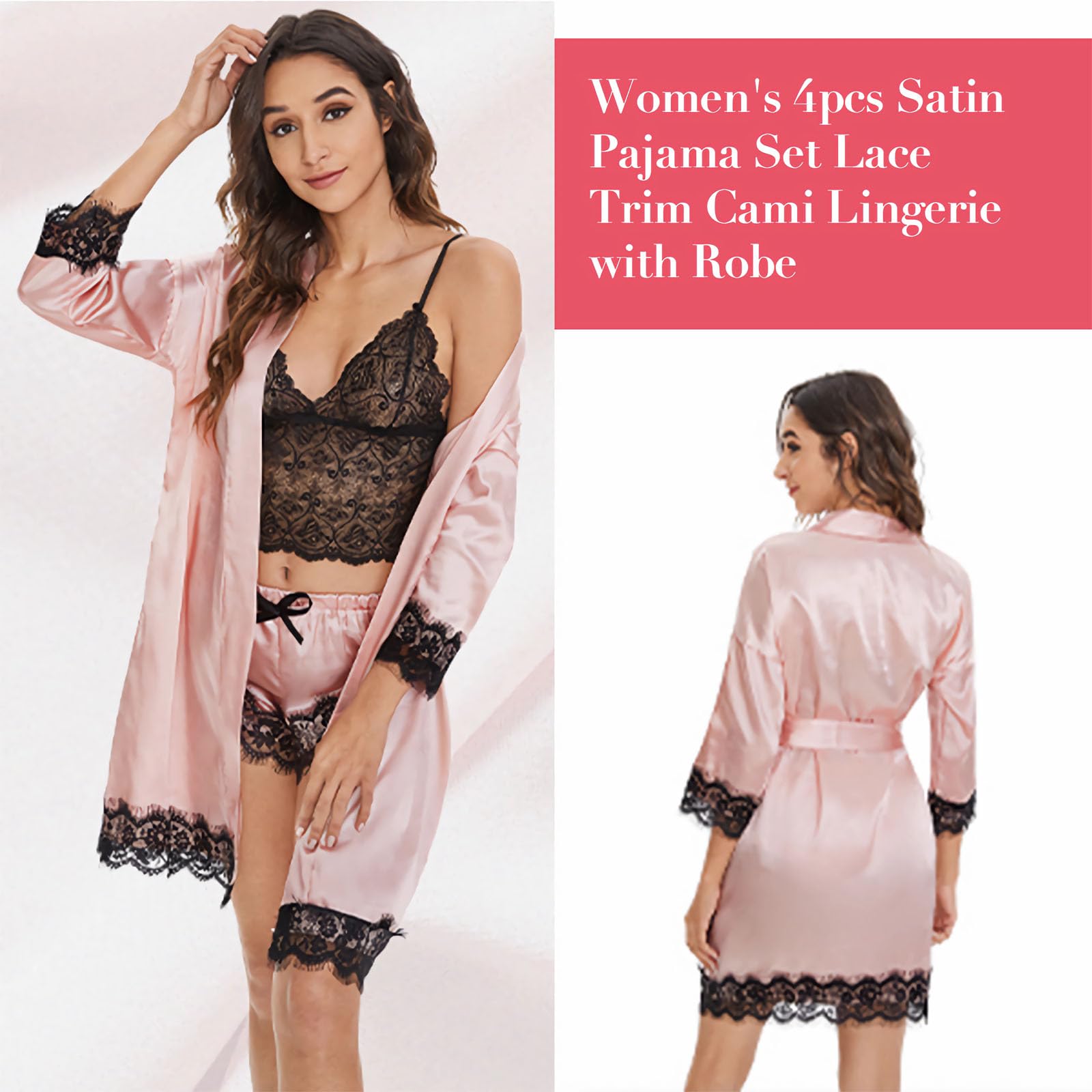 PALAY Women Nightwear Robe and Lace Bra Panty Set Lingerie Combo, Women Sexy Lingerie Set 4 Piece Lace Kimono Robe with Bra and Panty Sheer Sleepwear