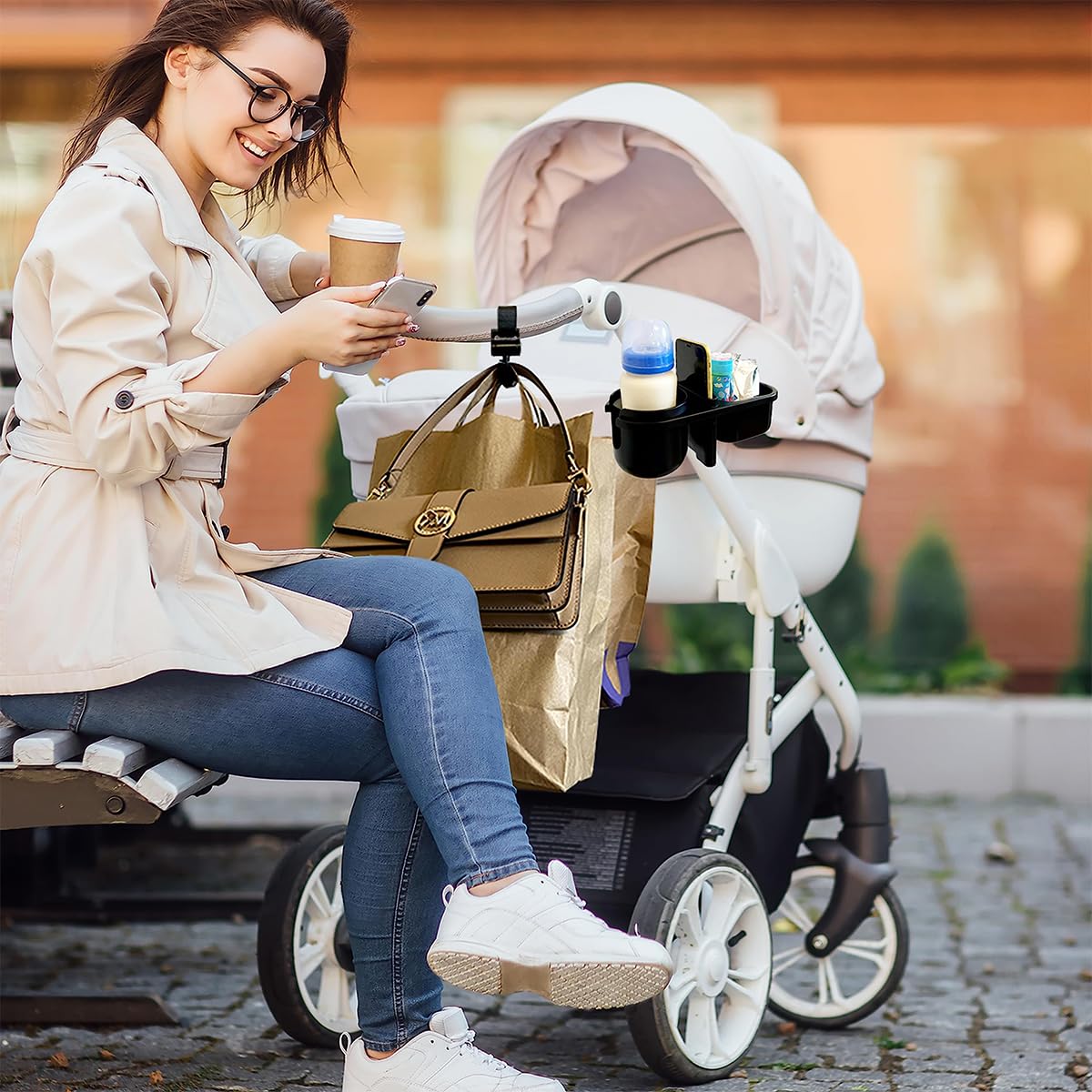 SNOWIE SOFT 3 in 1 Stroller Cup Holder Phone Holder with 2 Hanging Hooks Snack Tray Water Bottle Holder Universal Cup Holder for Baby Stroller, Scooter, Baby Stroller Accessories